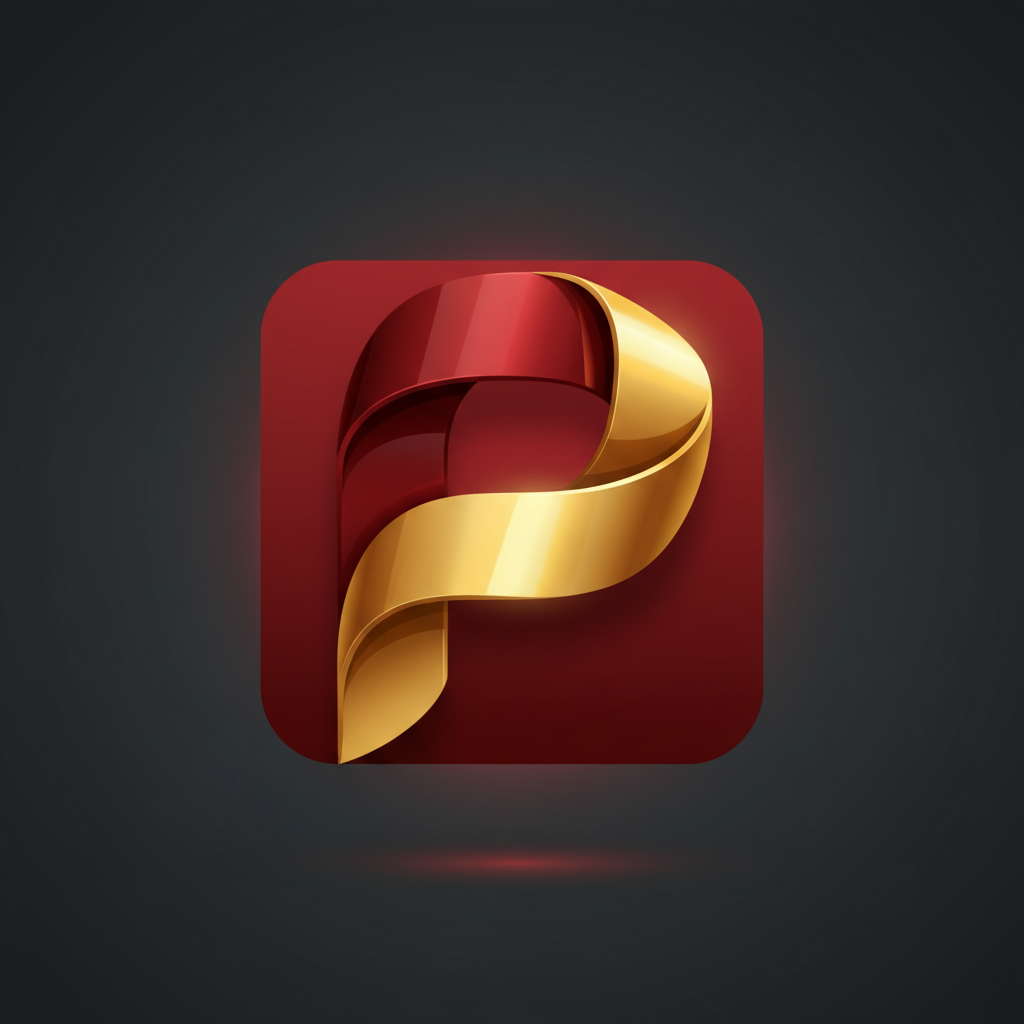 A SQUARE LOGO CONTAINING ONLY P LETTER WITH RED AND GOLDEN COLOR . UI UX 3D AWESOME